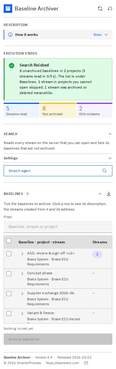 Baseline Archiver in IBM DOORS Next