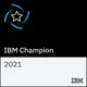 شارة IBM Champion 2021: مربع بنفسجي يحمل شعار IBM وعبارة IBM Champion 2021، تُمنح ضمن برنامج IBM Champion