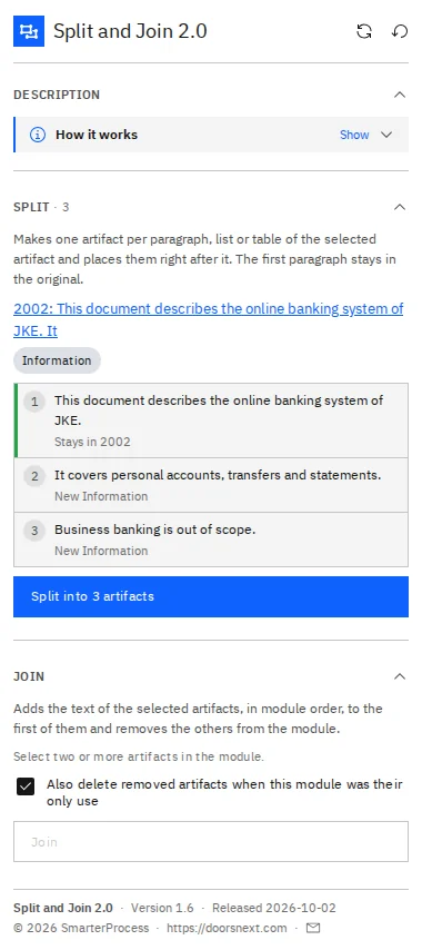 Split and Join 2.0 in IBM DOORS Next