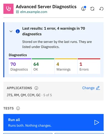 The last stored diagnostics with their numbers, the applications to check and the Run all, Performance and Diagnostics tiles