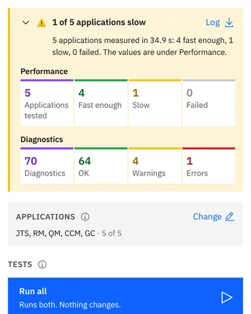 Performance test: round trip, database time and transfer speed per application, QM marked slow, with the numbers in the result block
