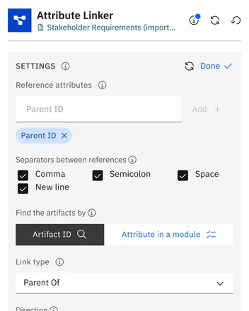 Settings: Das Attribut Parent ID enthält die Referenzen, Linktyp Parent Of, ausgehend