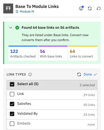 After the search: the result, and the link types opened again with the number of links of each type