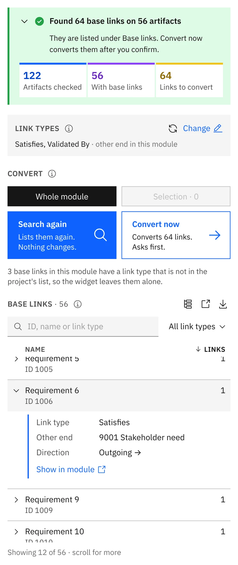 Search finished: each artifact with base links, one opened to show its link type, other end and direction