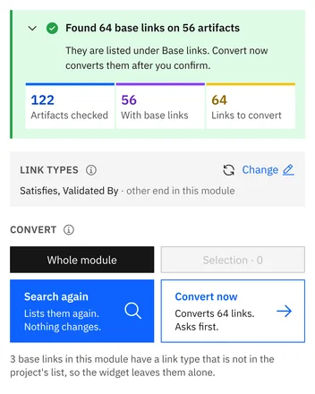 Search finished: each artifact with base links, one opened to show its link type, other end and direction
