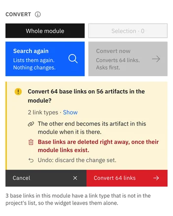 Confirmation under the tiles: the number of links, the link types, and that each base link is deleted once its module link exists