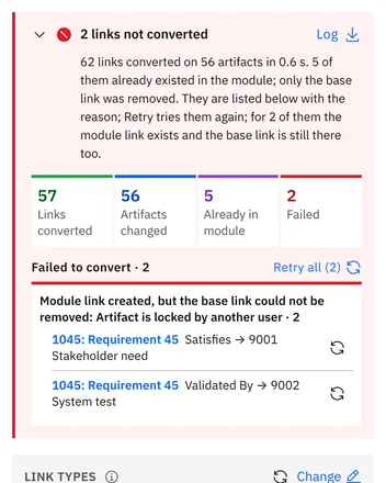 An artifact locked by another user: its links are listed with the reason, with Retry