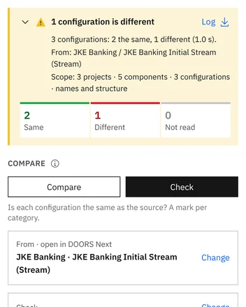 Check: trzy strumienie z projektów Cards, Insurance i Mobile App sprawdzone względem źródła; blok wyniku liczy 2 Same, 1 Different i 0 Not read, a lista Result ma zielony znacznik lub czerwony krzyżyk dla każdej kategorii