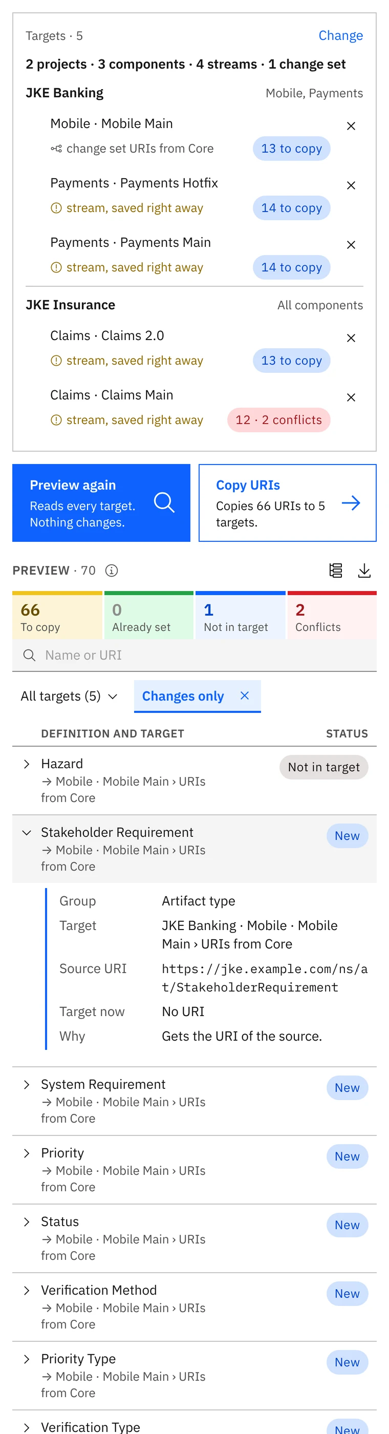 Preview: what every target gets, with the totals, conflicts and the details of each definition