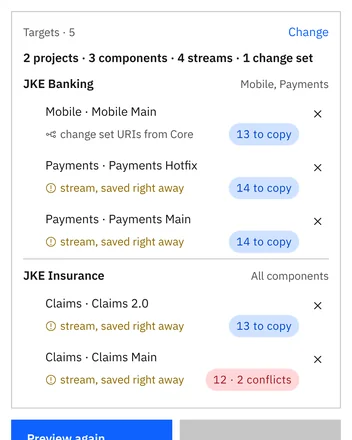 Confirmation with the number of URIs and targets, and how many targets are streams