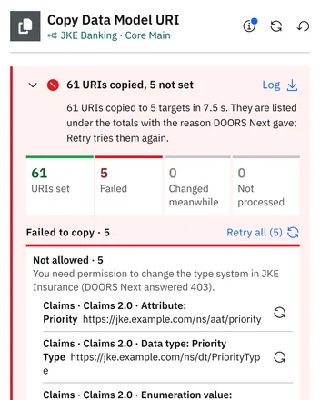 Run finished: a refused save is listed with the reason DOORS Next gave, ready to retry