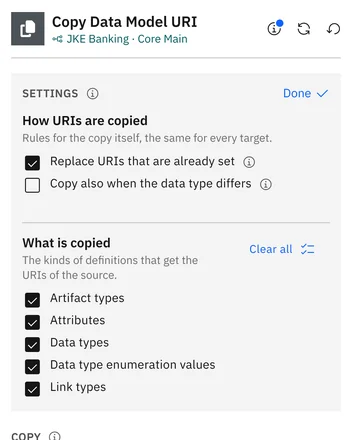 Settings in two parts: How URIs are copied (the rules of the copy) and What is copied (the kinds of definitions)