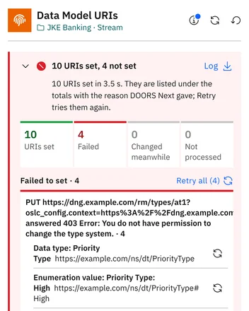 A refused save is listed with the reason DOORS Next gave, ready to retry