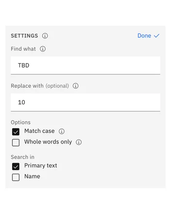 Settings: 찾을 텍스트, 바꿀 텍스트, 옵션