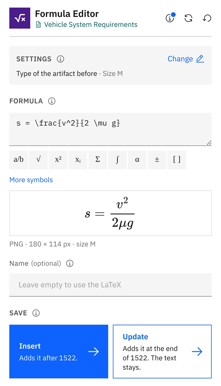 Geben Sie die Formel in LaTeX oder über die Tasten ein; die Vorschau zeigt das Bild und seine Größe