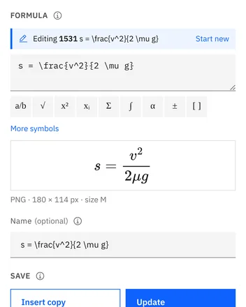 Wählen Sie eine Formel aus, und sie öffnet sich wieder: LaTeX ändern und auf Update klicken