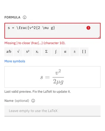 Ein LaTeX-Fehler wird mit seiner Stelle angezeigt, und die Vorschau behält die letzte gültige Formel