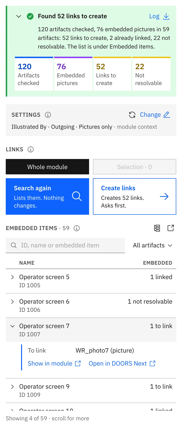 Search finished: 52 links to create, each artifact with its embedded pictures