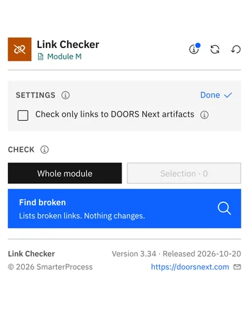 Settings: linki do innych stron też są sprawdzane, chyba że zaznaczysz Check only links to DOORS Next artifacts