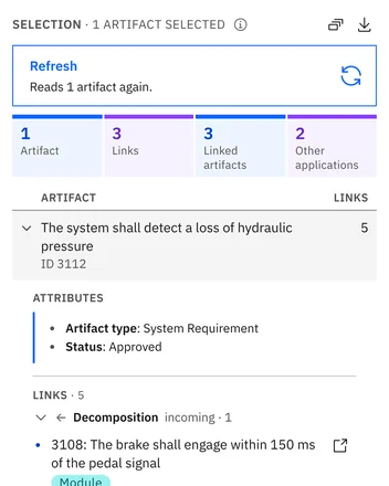 One selected requirement: its attributes, then its links by type and direction with the attributes of each linked artifact