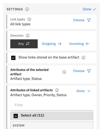 Settings: link types, direction, links on the base artifact, and the attributes to show for the selected and the linked artifacts