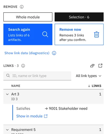 Selection: linki artefaktów zaznaczonych w DOORS Next, z Show link data (diagnostics)