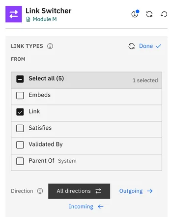 Von Link zu Satisfies: die zu ändernden Linktypen und ihre Richtung, der neue Linktyp und die Richtung des neuen Links