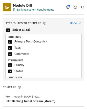 Compare: ‏From هو التدفق المفتوح في DOORS Next، وTo خط الأساس Release 1.0، مع تحديد السمات المراد مقارنتها