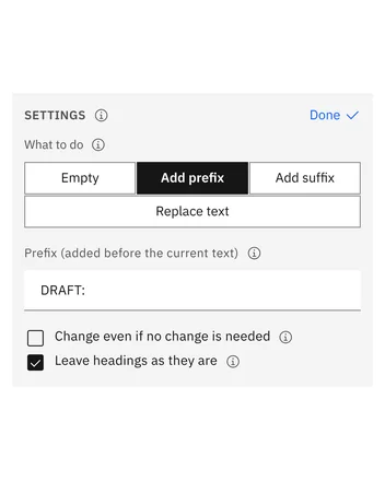 Settings: a prefix for every text, headings left as they are