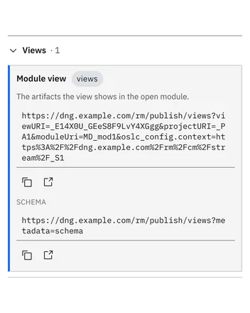 Przy otwartym w DOORS Next widoku gotowy jest też adres widoku modułu (Module view) i jego adres schematu