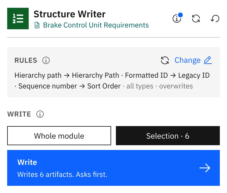 Sei artefatti selezionati: il riquadro Write indica quanti cambiano
