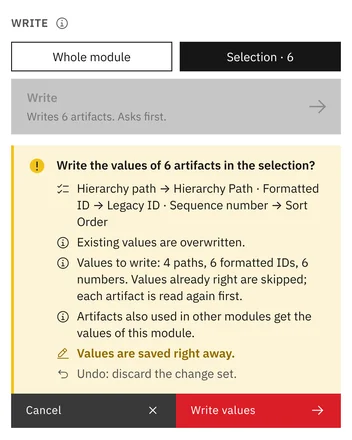 Conferma prima che vengano scritti i valori dei sei artefatti selezionati, con il numero di percorsi, ID e numeri